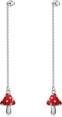 wholesale 925 Sterling Silver Red Mushroom Dangle Drop Threader Earrings with Long Chains - Gifts for Her-Threader Red