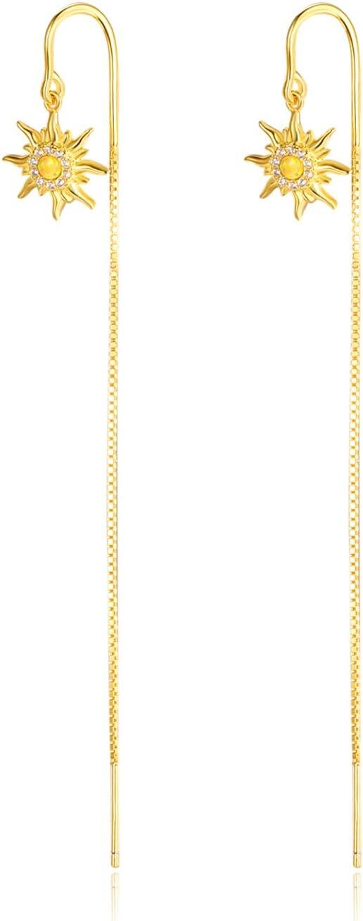 925 Sterling Silver Yellow Gold Plated Sun & Moon Threader Earrings with Simulated Opals and Cubic Zirconia Stones-0-0