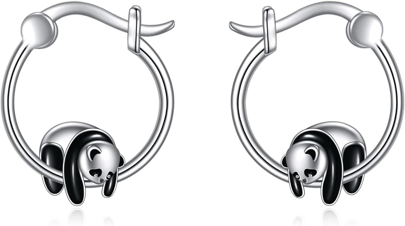 wholesale 925 Sterling Silver Black Enamel Panda Charm Huggie Hoop Earrings for Women-0-0