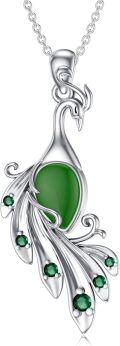 wholesale 925 Sterling Silver Green Jade and Emerald Peacock Pendant Necklace-0-0