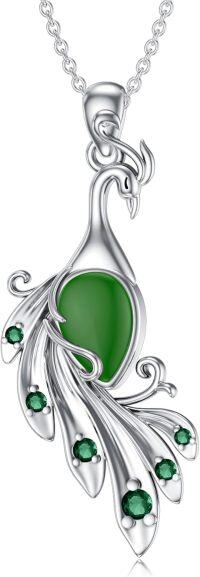 wholesale 925 Sterling Silver Green Jade and Emerald Peacock Pendant Necklace-02-Green-Jade