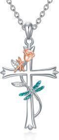 wholesale 925 Sterling Silver Dragonfly Cross Pendant Necklace with Rose and Leaf Accents for Women Girls Gifts 45cm Chain Length-0-0