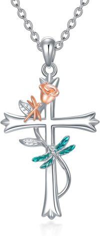 wholesale 925 Sterling Silver Dragonfly Cross Pendant Necklace with Rose and Leaf Accents for Women Girls Gifts 45cm Chain Length-Dragonfly