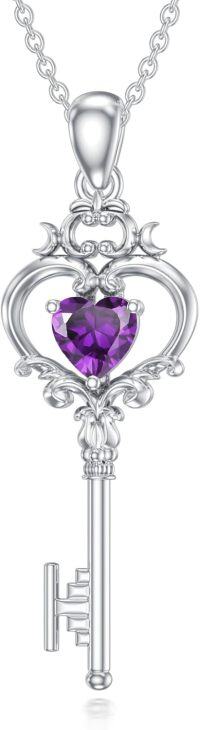 wholesale Metal Stone Birthstone Key Pendant Necklace Gift for Women-February(Amethyst)