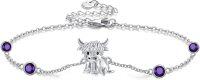 wholesale 925 Sterling Silver Birthstone Highland Cow Link Bracelet Western Jewelry Gift-02-Feb-Amethyst