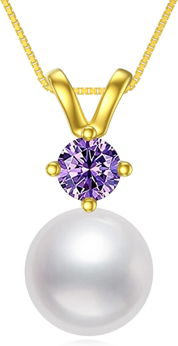  Sterling Silver Gold Plated Pearl Birthstone Necklace for Women -2-Feb-Amethyst