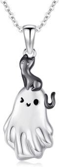 wholesale 925 Sterling Silver Halloween Ghost Cat Skeleton Charm Pendant Necklace-0-0