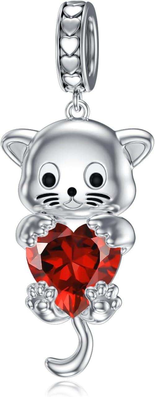 Silver Birthstone Cat Charm Bead Gift for Women-Garnet