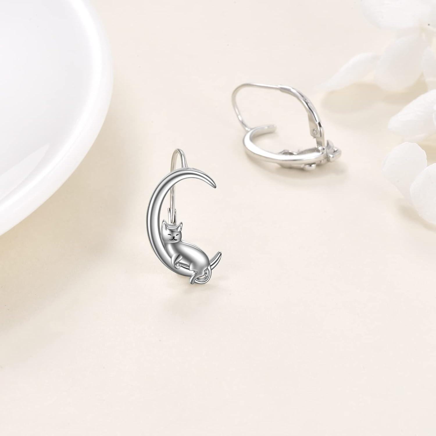wholesale 925 Sterling Silver Cat on the Moon Leverback Dangle Drop Hoop Earrings for Women-0-4
