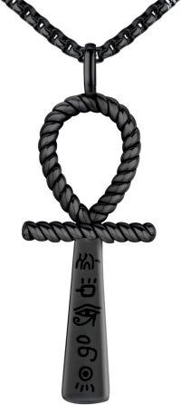 wholesale Black 925 Sterling Silver Ankh Necklace with Rope Design and Hieroglyphic Pendants - 24 Chain Length-Black