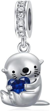 wholesale 925 Sterling Silver & Sapphire Otter Charm Bead - 11.2mm, September Birthstone, Gift for Women-09-Sep-Otter
