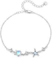 wholesale 925 Sterling Silver Starfish & Sea Turtle Charm Moonstone Anklet for Women Girls Beach  (Blue)-Sea Turtle Bracelet（Moonstone）