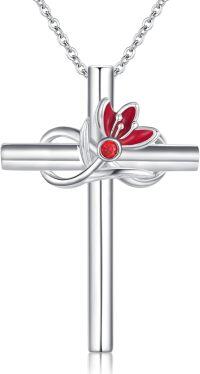 wholesale 925 Sterling Silver Red Lily Birthstone Cross Pendant Necklace for Women Girls Birthday Gifts Jewelry Accessories-January Birthday Flower - Carnation