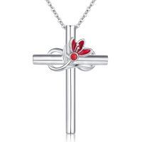 wholesale 925 Sterling Silver Red Lily Birthstone Cross Pendant Necklace for Women Girls Birthday Gifts Jewelry Accessories-January Birthday Flower - Carnation