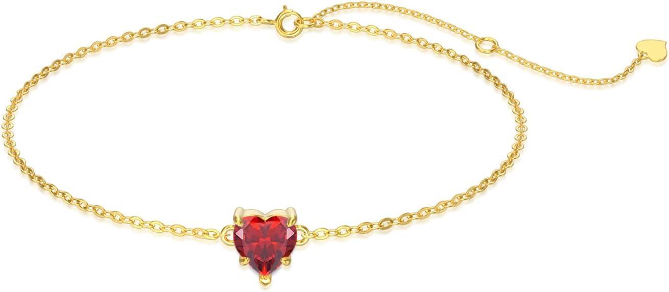 wholesale 14K Gold Created Birthstone Heart Cut 7mm Bracelet for Women 6 5 +2 -Garnet