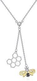 wholesale 925 Sterling Silver Honeycomb & Bee Charm Lariat Y-Necklace with CZ Stones and Gold Plated Wings (18+2 Extender)-0-0