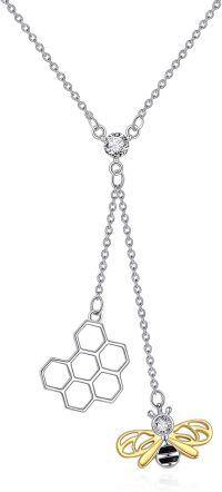 wholesale 925 Sterling Silver Honeycomb & Bee Charm Lariat Y-Necklace with CZ Stones and Gold Plated Wings (18+2 Extender)-honeycomb and bee necklace