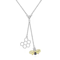 wholesale 925 Sterling Silver Honeycomb & Bee Charm Lariat Y-Necklace with CZ Stones and Gold Plated Wings (18+2 Extender)-honeycomb and bee necklace