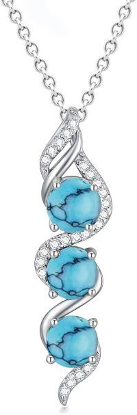 wholesale 925 Sterling Silver 5mm Round Cut Three Birthstone Pendant Necklace w 18+2 Chain-Turquoise
