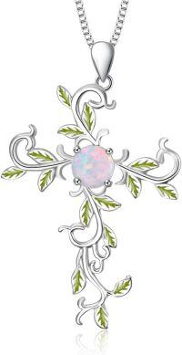 wholesale 925 Sterling Silver White Gold Plated Cross with Pink Simulated Opal and Green Leaves Pendant Necklaces for Women-A-White Gold Tree Cross