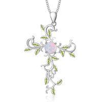 wholesale 925 Sterling Silver Cross Pendant With Green Leaves And Opal Center-A-White Gold Tree Cross