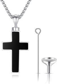 wholesale  Cross Cremation Urn Keepsake Pendant with Funnel and Fill Tool - Black Enamel Inlay-E-Black Onyx Cross Urn Necklace