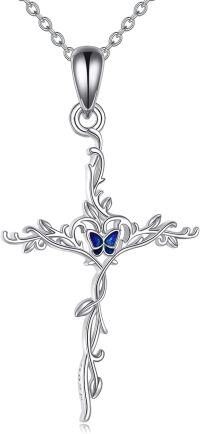 wholesale 925 Sterling Silver Blue Enamel Butterfly Cross Pendant Necklace for Women Girls Christian Baptism s-Butterfly Cross Necklace