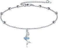 wholesale 925 Sterling Silver Blue Crystal Mermaid Charm Anklet with Beads and Chain Adjuster 7-8-Mermaids bracelet