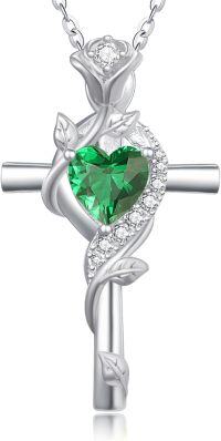 wholesale Sterling Silver Rose Cross Pendant Necklace for Women-White Gold-5-Emerald-White Gold-5-Emerald