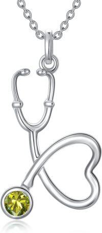 wholesale 925 Sterling Silver Clear Birthstone Heart Stethoscope Pendant Necklace for Nurse-8-August-Peridot