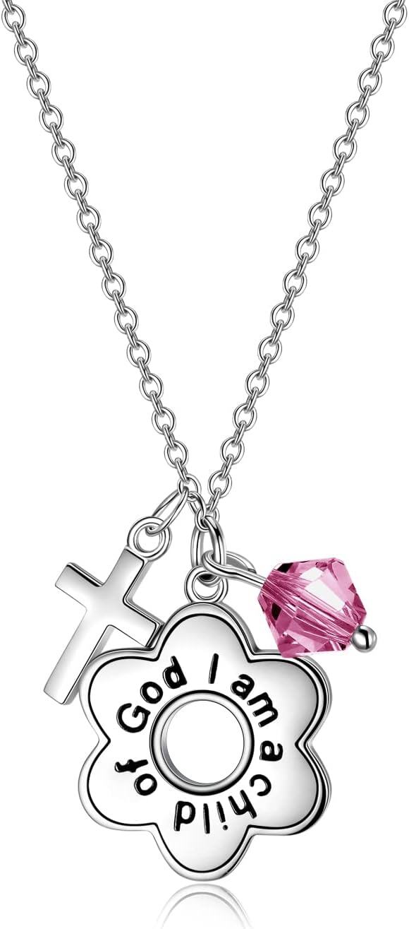 Sterling Silver Daisy Child of God Necklace for Girls Baptism Communion Birthday-Hot pink