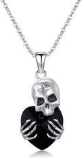wholesale 925 Sterling Silver Heart-Shaped Black Crystal Skull Pendant Necklace for Women-0-0