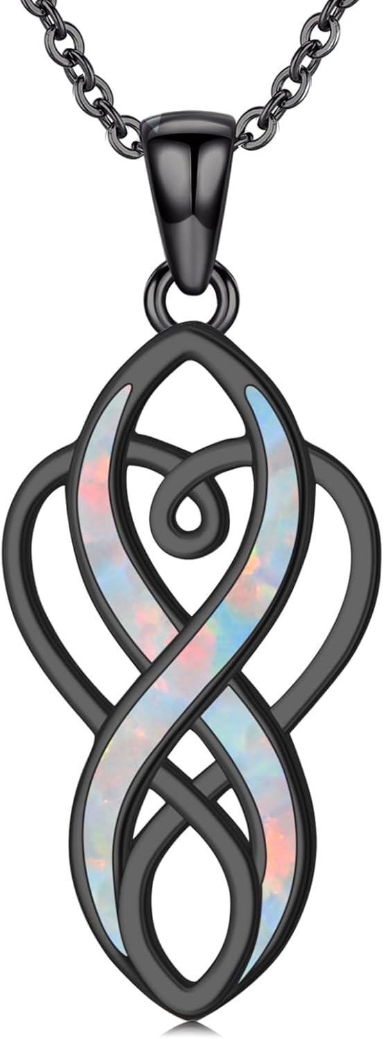 925 Sterling Silver Blackened White Fire Opal Celtic Knot Infinity Heart Pendant Necklace for Women-0-0