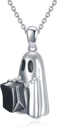 wholesale 925 Sterling Silver Black Onyx Ghost Charm Pendant Necklace for Women Girls-Ghost