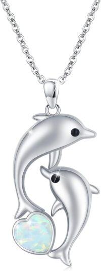 wholesale 925 Sterling Silver Opal Dolphins Pendant Necklace for Women's Gifts on Motherâs Day-White Heart Dolphin