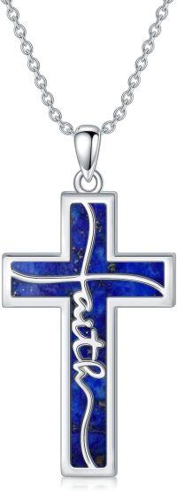 wholesale  Sterling Silver Genuine Gemstone Faith Cross Necklace for Women -E1-Natural Lapis Lazuli