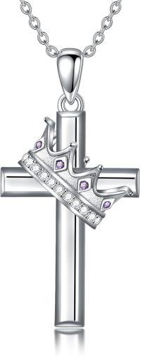wholesale 925 Sterling Silver Birthstone Crown Cross Pendant Necklace for Women-02-February