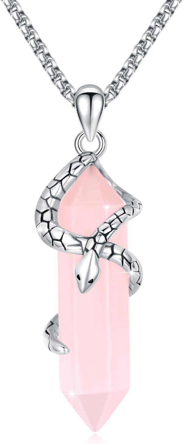  Sterling Silver Pink Hexagonal Quartz Snake Crystal Necklace -Pink Quartz