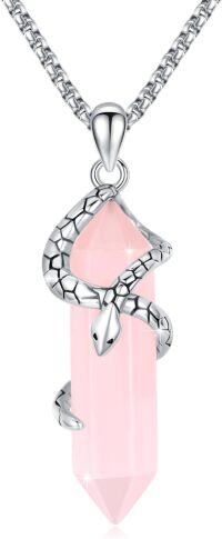wholesale 925 Sterling Silver Pink Hexagonal Quartz Snake Pendant Necklace-Pink Quartz