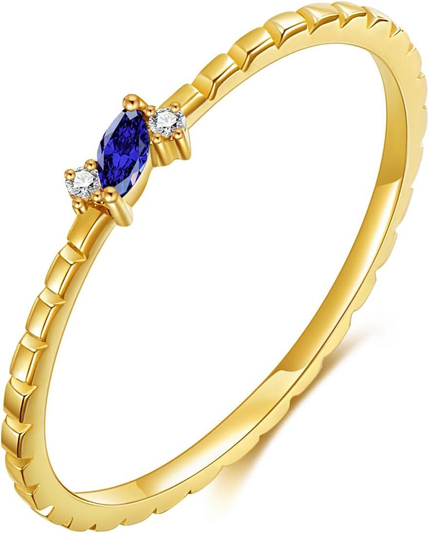 14K Yellow Gold Created Sapphire Marquise Cut Stacking Ring for Women-0-0