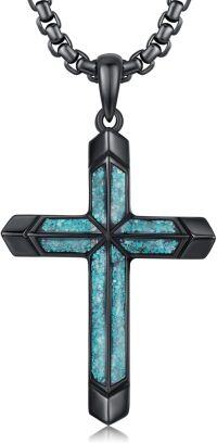wholesale 925 Sterling Silver Black Plated Turquoise Inlay Cross Pendant Necklaces for Men Christian Gifts-A - Black Cross with Turquoise Gravel