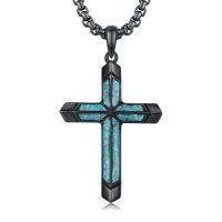 wholesale 925 Sterling Silver Cross Pendant Necklace With Gun Black Turquoise Inlay-A - Black Cross with Turquoise Gravel