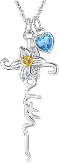 wholesale Sterling Silver Birthstone Flower Cross Pendant Necklace-03 March-Daffodils