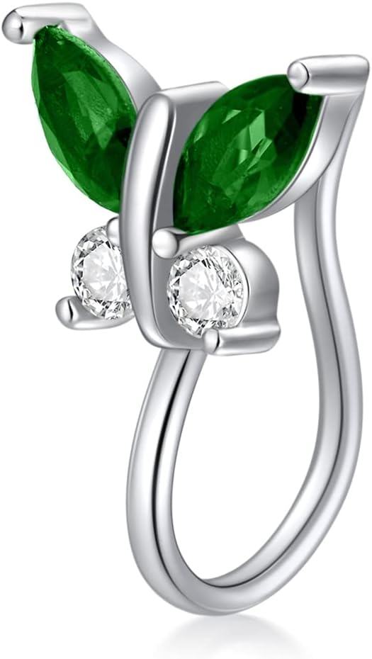 Sterling Silver Simulated Birthstone Butterfly Clip On Nose Cuff for Non Pierced Nose-Emerald Green