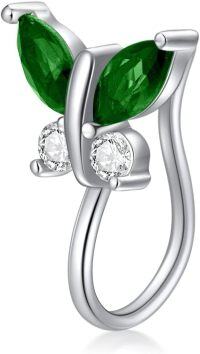 wholesale Sterling Silver Simulated Birthstone Butterfly Clip On Nose Cuff for Non Pierced Nose-Emerald Green