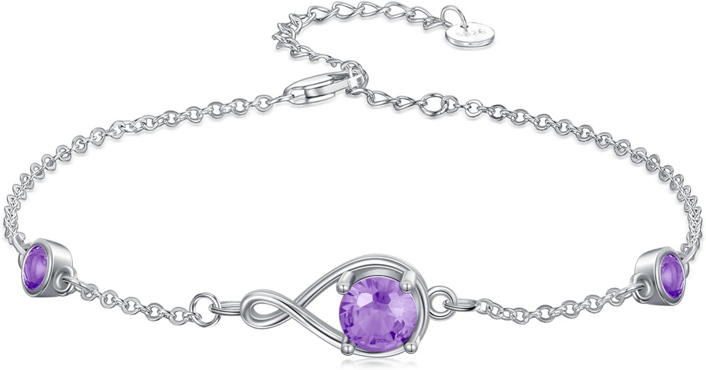  Sterling Silver Infinity Birthstone Link Bracelet for Women Adjustable 7 +2 Chain Gift -06-Light Violet
