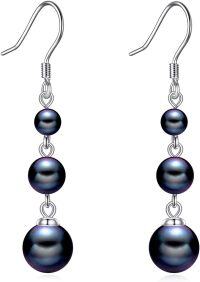 wholesale 925 Sterling Silver Black Pearl Dangle Earrings Three Pearls Drop Jewelry Birthday Gifts for Women-Black Pearl-Silver