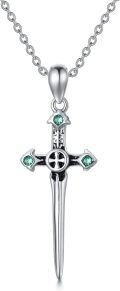 wholesale 925 Sterling Silver Green Crystal Sword Cross Pendant Necklace-0-0