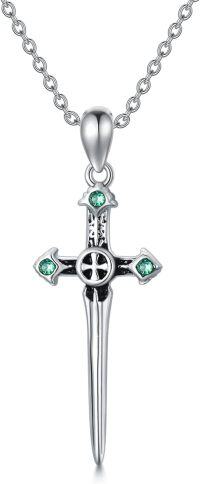 wholesale 925 Sterling Silver Green Crystal Sword Cross Pendant Necklace-Dagger Cross Necklace
