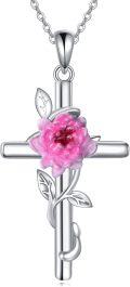 wholesale 925 Sterling Silver Pink Carnation Floral Cross Pendant Necklaces for Women Birthstone s-0-0